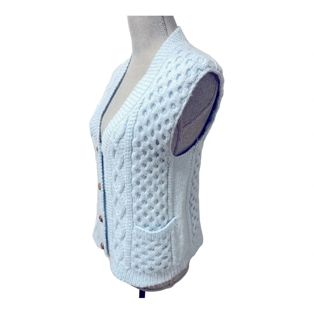 Baby Blue Chunky Hand Knit Vest 1970s Size Small